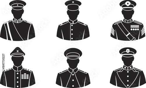 Military officer silhouettes set, uniformed army commanders icons isolated on white background, authority leadership security vector illustration collection design concept