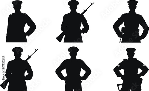 Military soldier silhouettes set, armed forces uniform defense security officer icons isolated on white background vector illustration collection design modern