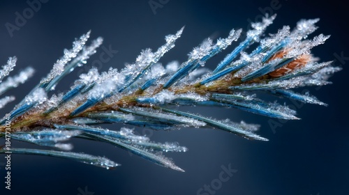 Pine needles covered in frost and ice crystals during freezing winter weather, blue spruce branch macro view