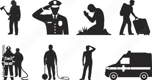 Professional worker silhouettes set, police firefighter laborer traveler emergency services occupations icons isolated on white background vector illustration design collection
