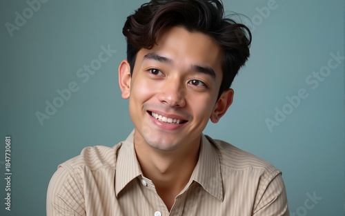 bright waist-up portrait of young Chandler Bing in a shirt, he appears to be thinking with a charming smirk, studio photography realistic, frontal view, generative ai. High quality