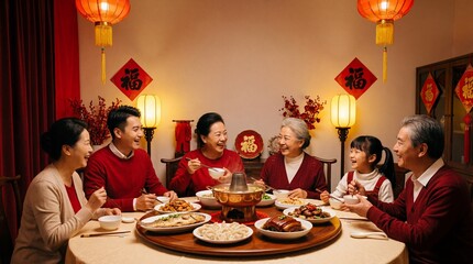 Joyful Multi-Generational Asian Family Enjoying Traditional Chinese New Year Reunion Dinner