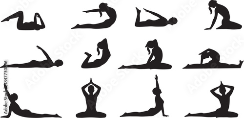 Diverse Yoga Poses Silhouettes for Fitness and Relaxation Practice