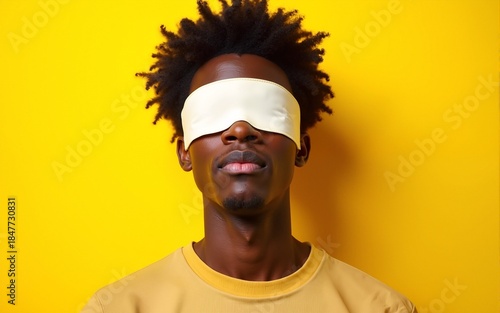 This enchanting portrait features a young man with a blindfold, inviting viewers to explore the depths of his thoughts against a bright yellow canvas. High quality
