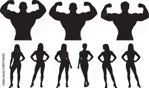 Athletic Male and Female Silhouettes Displaying Strength and Posing Elegance