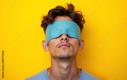 This enchanting portrait features a young man with a blindfold, inviting viewers to explore the depths of his thoughts against a bright yellow canvas. High quality