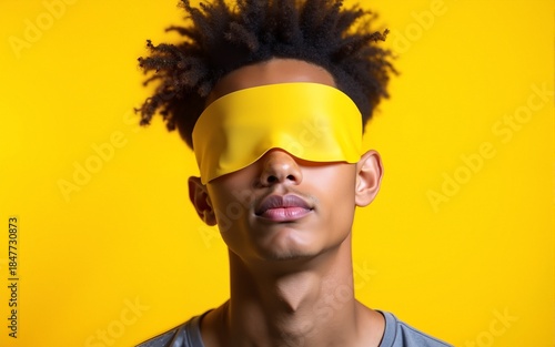 This enchanting portrait features a young man with a blindfold, inviting viewers to explore the depths of his thoughts against a bright yellow canvas. High quality