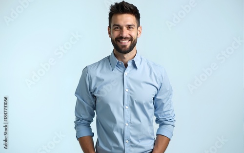 Charming man in a light blue shirt standing confidently on a transparent background. Professional concept. Generative AI. High quality