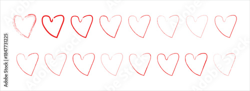 Set of hand-drawn red heart vector illustrations with grunge brush texture. A collection of Romantic sketch heart icons for Valentine's Day and wedding stationery. heart for creative graphic design.