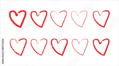Set of hand-drawn red heart vector illustrations with grunge brush texture. A collection of Romantic sketch heart icons for Valentine's Day and wedding stationery. heart for creative graphic design.