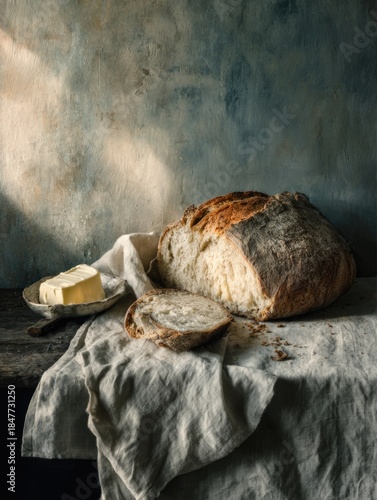 Rustic bread and butter on linen tablecloth Artisan sourdough loaf torn open, butter melting, crumbs on dark wood, soft directional light, painterly shadows, Dutch still life mood
