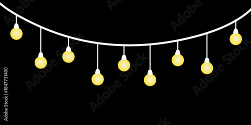 Soft yellow bulbs hang on thread. Twilight glow fills joyful evening sky. Shiny garland outlines New Year banner. Circle of light forms magical border.