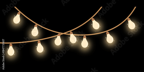 lights isolated. Glowing garlands on transparent dark background. Realistic luminous elements. Bright light bulbs for poster, card, brochure.