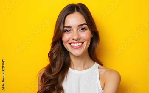 Photo portrait of smiling intelligent brunette isolated on yellow color background. High quality