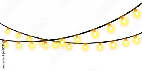 winter holiday banner with festive ribbon decoration and abstract illustration in green blue and bright colours, PNG gold garland and shiny string lights on transparent background.