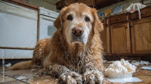 Wallpaper Mural Golden retriever dog with wet fur and a spilled dairy product inside a kitchen Torontodigital.ca