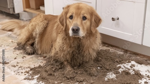 Wallpaper Mural Golden retriever dog covered in mud lying on floor after indoor mess Torontodigital.ca