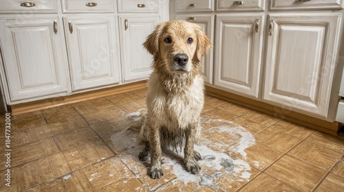 Wallpaper Mural Golden retriever sits near spilled liquid in kitchen interior Torontodigital.ca