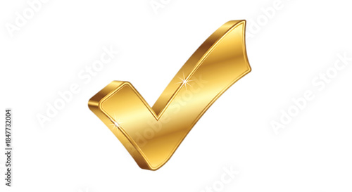 Shiny golden check mark symbol of success and approval against a clean white background
