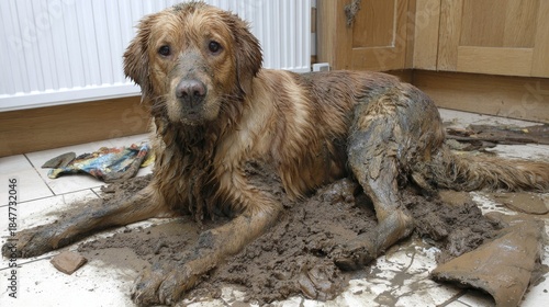 Wallpaper Mural Muddy golden retriever dog relaxing after playing indoors Torontodigital.ca