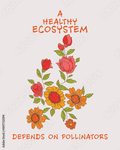 Healthy Ecosystem Depends on Pollinators – Floral Environmental Illustration