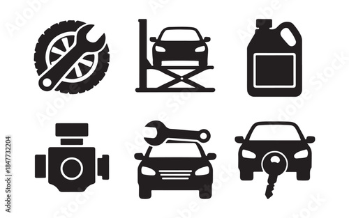 car repair and maintenance icons tire wrench car lift oil can engine and car with key