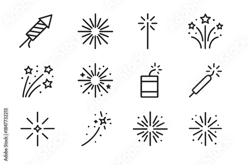 Fireworks Icon Collection. New Year’s party celebration – Fireworks. Line outline icon set of Fireworks: