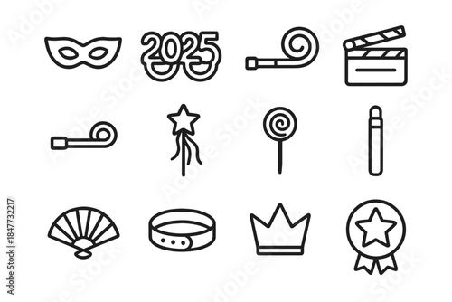 New Year's Party Icons. New Year’s party celebration – Party Accessories. Line outline icon set of Party