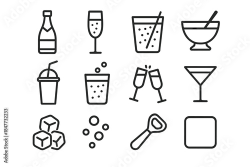 Celebration Drinks Icons. New Year’s party celebration – Celebration Drinks. Line outline icon set of