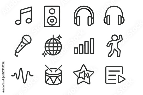 Party Icon Set. New Year’s party celebration – Music & Dance. Line outline icon set of Music & Dance: music