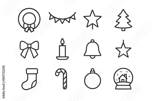 Christmas Icon Collection. Christmas village miniature scene – Christmas Decorations. Line outline icon set of