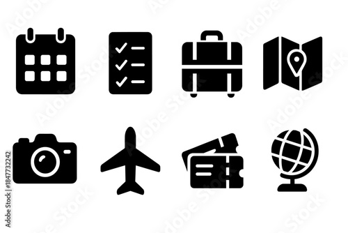 Seasonal Travel Icons. Seasonal travel planning. Filled icon set of Seasonal travel planning: calendar,