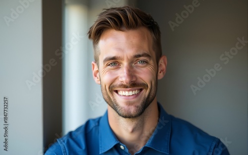 Portrait of handsome man in blue shirt with smiling face. High quality