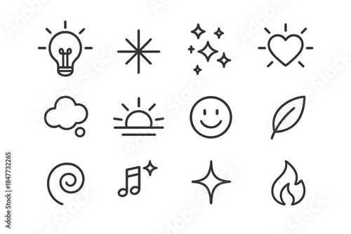 Inspiration Icon Set. New Year resolutions notebook – Inspiration Symbols. Line outline icon set of