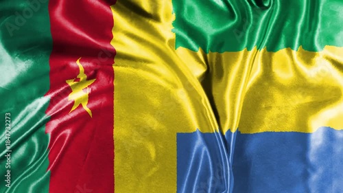 waving colorful flag of cameroon and national flag of gabon.