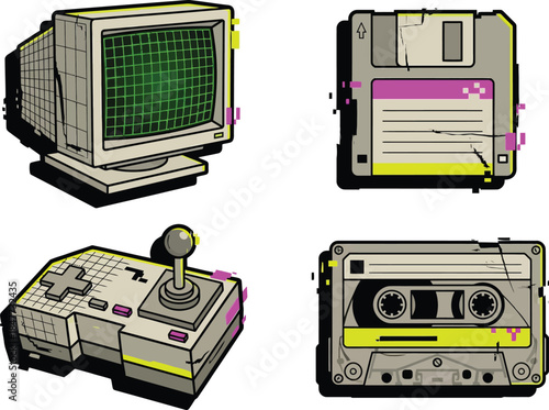 Vintage 90s Analog Technology Vector Set with Distressed Texture