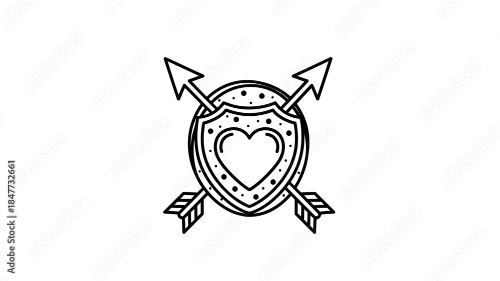 Fototapeta premium Minimalist Line Drawing of a Heart Shield with Arrows Symbolizing Protection and Love