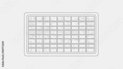 Minimalist line drawing of a compact mechanical keyboard layout with detailed key arrangements
