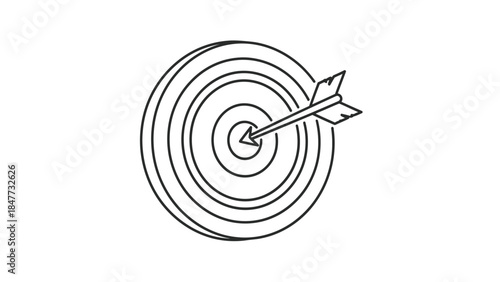 Minimalist line drawing of a dart hitting the center of a detailed target with concentric circles