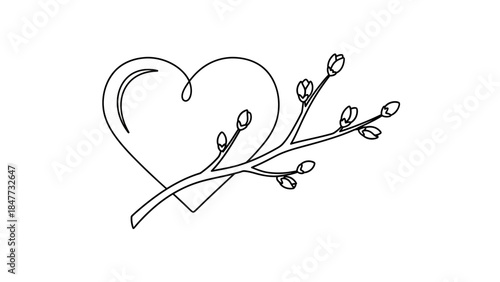 Minimalist Line Drawing of a Heart and Blooming Branch for Romantic and Love Themed Art