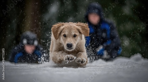 Wallpaper Mural Golden retriever puppy running in the snow with blurred figures in the background Torontodigital.ca