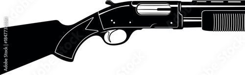 Shotgun silhouette, pump-action firearm, weapon icon, black and white illustration, tactical gun, hunting gear, vector design, minimal style, safety concept