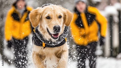 Wallpaper Mural Golden retriever dog in winter coat with people walking in snowy background Torontodigital.ca