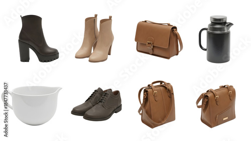 Fashion collection featuring brown ankle boots, beige heeled boots, brown leather handbags, white mixing bowl, and brown casual shoes, perfect for style bloggers