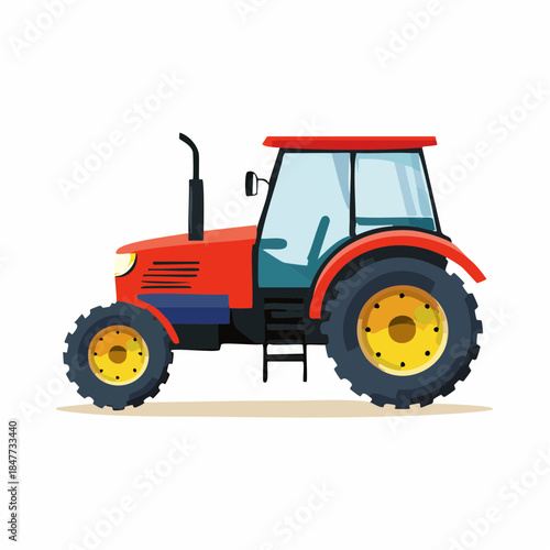 Red and Blue Farm Tractor with Large Wheels and Cabin.