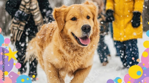 Wallpaper Mural Golden retriever dog playing in winter snow with people blurred in background Torontodigital.ca