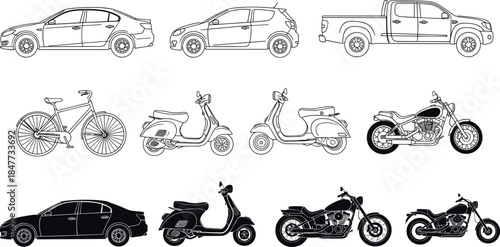 Vehicle comparison icon, car bike scooter motorcycle, silhouette and outline style, black and white vector, transport design, mobility concept