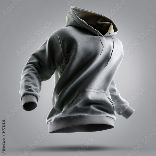 Floating gray hoodie in a creative and minimalist design with a clear background showcasing modern fashion