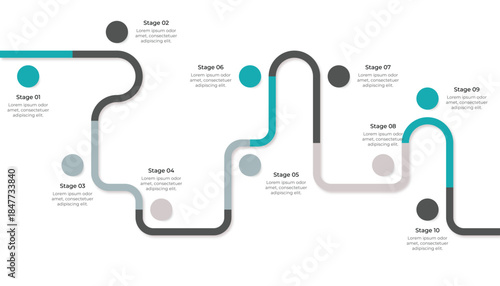 Business Roadmap Infographic Template with 10 Colorful Connected Stages