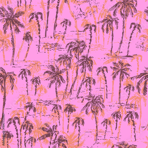 Hand drawn palm trees sketch seamless pattern in pink, orange and purple color. Summer holiday background.